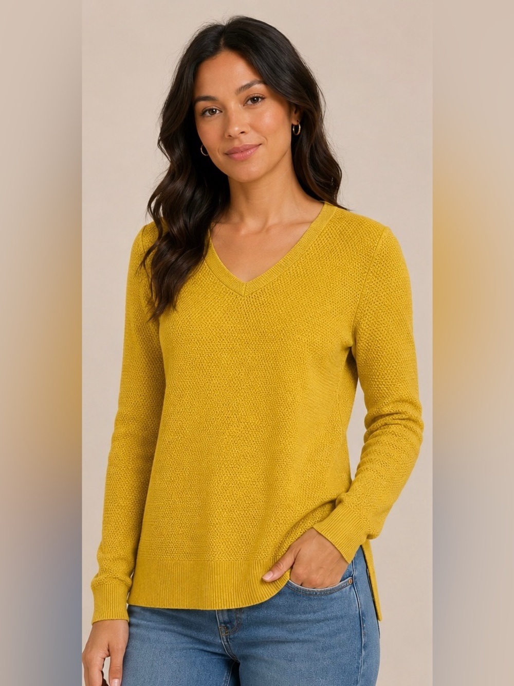 GAP Women's V-Neck Sweater in Mustard Yellow